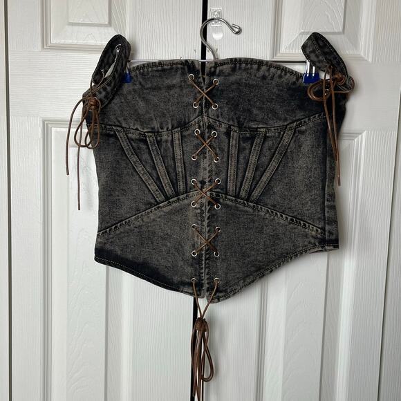 Pretty Little Thing Shape Brown Denim Lace Up Front Corset 6 - Picture 3 of 9